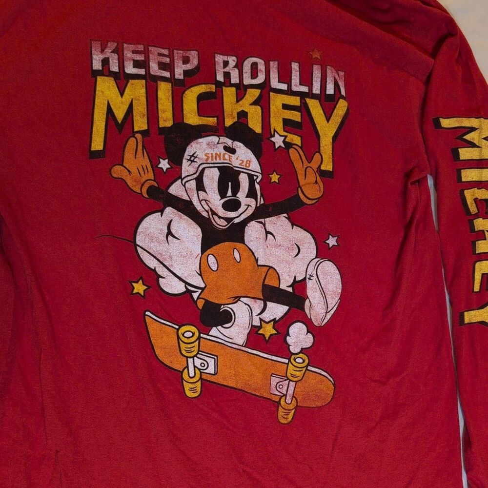 Disney Mickey Mouse Keep Rollin Skater Long Sleeve Red Shirt / Tee Medium - Picture 3 of 8